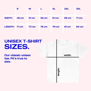 Op de afbeelding: Unisex t-shirt maattabel met metingen in centimeters voor breedte en lengte. De maten omvatten S, M, L, XL, 2XL en 3XL.