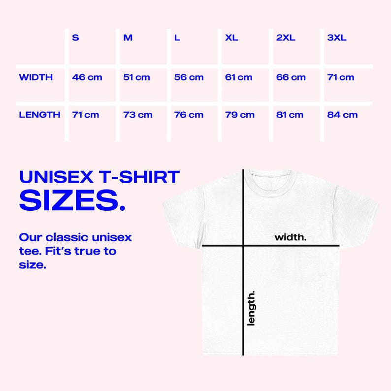 Op de afbeelding: Unisex t-shirt maattabel met metingen in centimeters voor breedte en lengte. De maten omvatten S, M, L, XL, 2XL en 3XL.