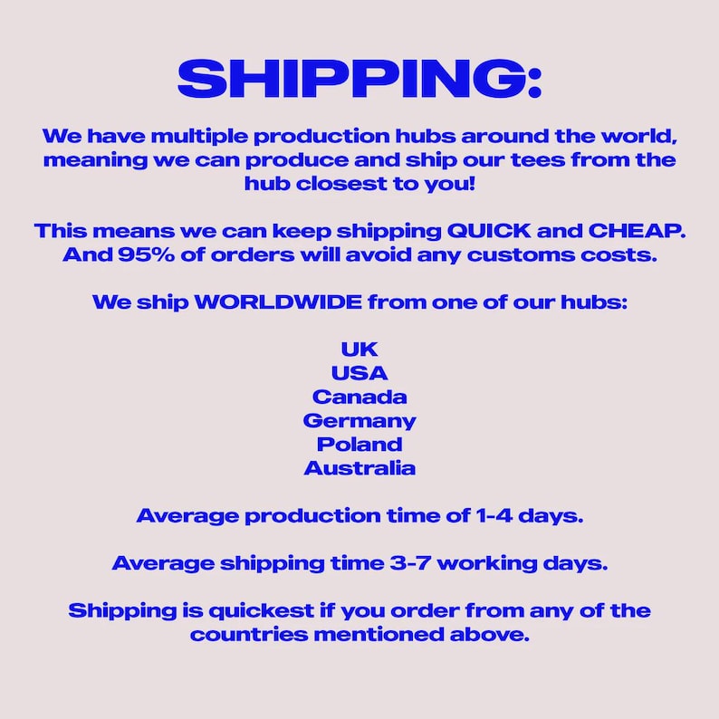 以下が含まれることがあります： 薄いベージュ色の背景に青い文字で「SHIPPING:」と書かれ、生産と発送に関する詳細が記載されています。イギリス、アメリカ、カナダ、ドイツ、ポーランド、オーストラリアを含む世界中の複数の生産拠点について言及しています。