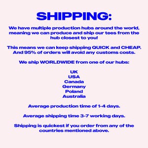 May include: Text on a light pink background reads "SHIPPING:" followed by details about production and shipping times. The text lists countries including the UK, USA, Canada, Germany, Poland, and Australia.