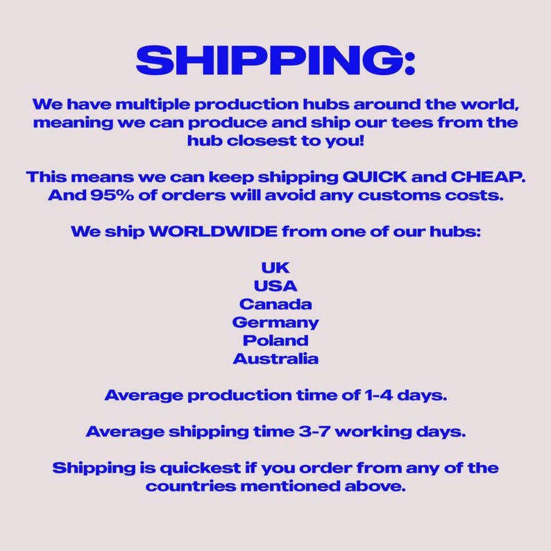 May include: A light beige background displays text about shipping, starting with "SHIPPING:". It details production hubs globally, including the UK, USA, Canada, Germany, Poland, and Australia, and mentions shipping times.