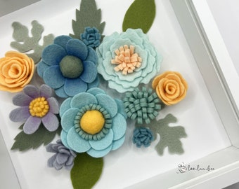 BLUE - Wool Felt Flowers Arrangement in Frame | Flower Gift | Everlasting Flowers Frame