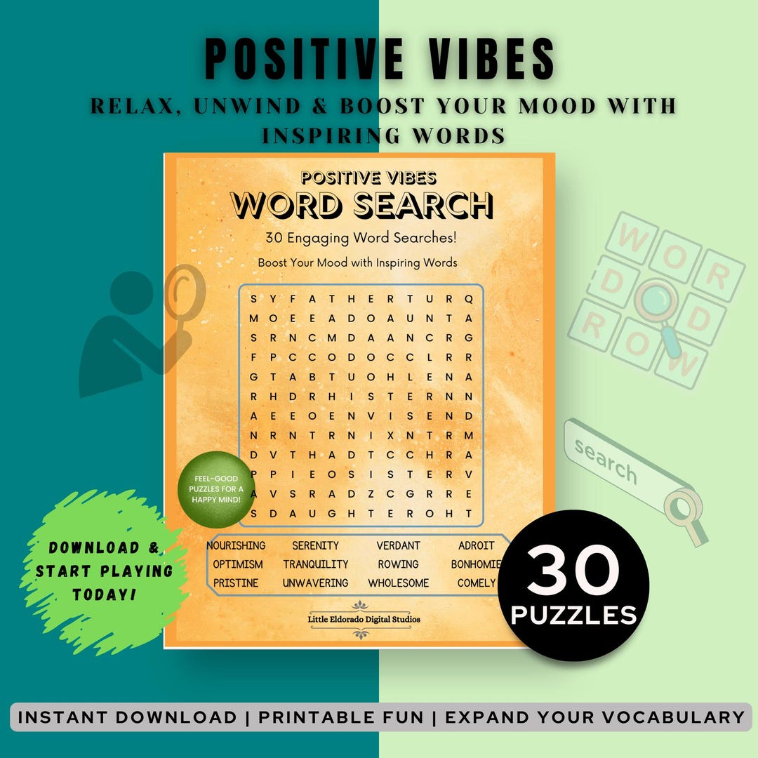 Positive Vibes Word Search | 30 Feel-good Printable Puzzles | Uplifting ...