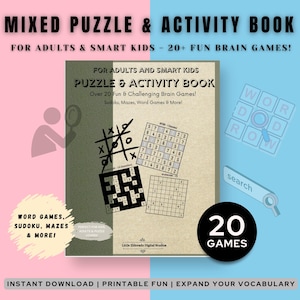Ultimate Puzzle and Activity Book | 20+ Printable Brain Games for Adults and Smart Kids | Mazes, Sudoku, Word Games | Instant Download PDF