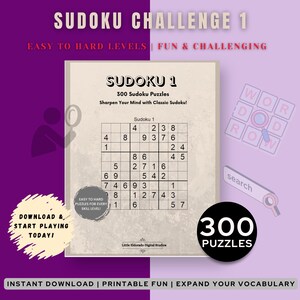 Sudoku Challenge | 300 Printable Puzzles | Easy to Hard Levels | Brain Training & Logic Game | Fun Sudoku PDF | Instant Download