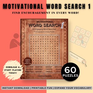 Motivational Word Search | 60 Inspiring Printable Puzzles | Uplifting Word Game | Positive Thinking | Instant Download PDF