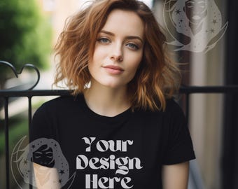Black Tee Mockup: Bella Canvas 6004, Female Model, Outdoor Scene (Digital Download)