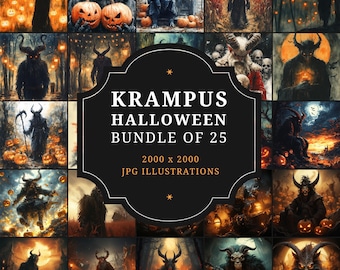 Paquete de 25 imágenes prediseñadas de Krampus: ilustraciones JPG de monstruos góticos de Halloween (descarga digital, generadas por IA)