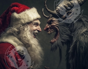 Amistad de Santa y Krampus: Imágenes prediseñadas navideñas divertidas, ilustraciones digitales, diseño de adornos, descargas navideñas