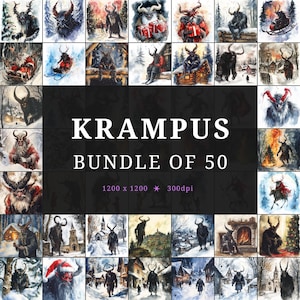 Krampus Digital Download Watercolor Illustrations Bundle of 50, Christmas Clipart, JPG Bundle, Krampus Holiday Collection, 300dpi