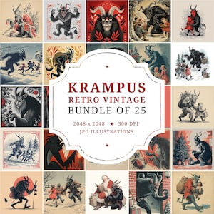 Retro Krampus Clipart Bundle: 25 Digital Hi-Res Illustrations, Vintage Style Horror Art