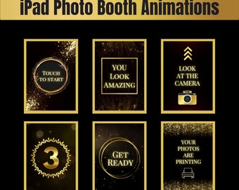 Set mit 6 Luxus-iPad-Fotokabinen-Animationen in Schwarzgold, zum Starten tippen, zum Starten berühren, Animation für iPad-Fotokabine, iPad-Kabine