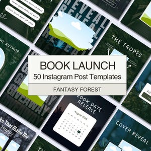 Puede incluir: Un conjunto de 50 plantillas de publicaciones de Instagram para el lanzamiento de un libro, con el tema de un bosque de fantasía. Las plantillas presentan varios diseños, incluyendo un calendario para agosto de 2025, y textos como "Cover Reveal" y "The Tropes".