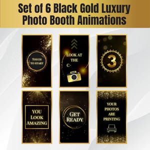 Set van 6 zwartgouden luxe animatiebundels met fotohokje, tik om te beginnen, aanraken om te beginnen, animatie voor magische spiegel, toverspiegelhokje