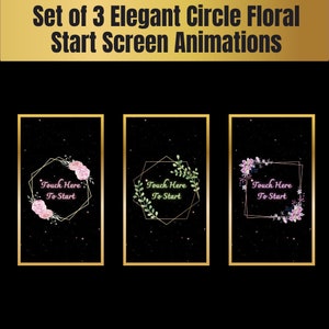Może przedstawiać: Zestaw trzech animowanych projektów ekranu startowego z geometryczną złotą ramką z kwiatowymi akcentami na czarnym tle z białymi błyskotkami. Tekst "Dotknij, aby rozpocząć" jest wyświetlany na różowo na każdym projekcie.