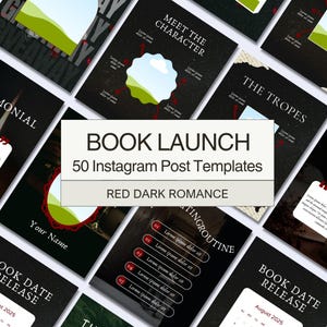 May include: A collection of 50 Instagram post templates for a book launch, with a dark red romance theme. The templates feature a black background with white and red text, and various design elements.