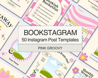 May include: A collection of pink and cream Instagram post templates with a groovy aesthetic. The templates feature various designs, including a "Bookish Bucketlist" and a "Monthly Wrap-Up" layout. The text "BOOKSTAGRAM 50 Instagram Post Templates PINK GROOVY" is displayed.