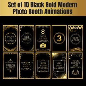 Set of 10 Black Gold Modern Photo Booth Animation Bundle, Tap to Start, Touch to Start, Animation for Magic Mirror, Magic Mirror Booth