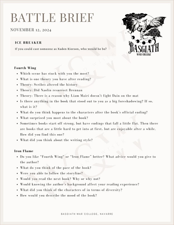 Fourth Wing Book Club Discussion Template | Iron Flame Discussion Guide | Battle Brief | Rebecca Yarros | Basgiath War College