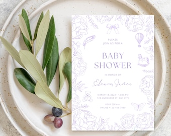 Lavender Baby Shower Invitation Template | Purple Garden Editable Printable Digital Download | Elegant Floral Party Evite Boy or Girl