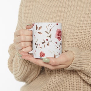 Pink Rose Floral Design Ceramic Mug 11oz  Boho Wildflowers Cottagecore Coffee Mug, Pressed Flowers Mug, Floral Nature Mug, Gift for Her