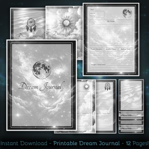 Druckbares Dream Journal, PDF Traumtagebuch, 12-seitiges Bundle, Traumplaner, Traumtagebuch, digitales Papier