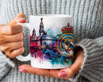 Tazas del Real Madrid, Logotipo del Real Madrid, Skyline de Madrid, La Liga, Fútbol, España, Fútbol Europeo, Taza de cerámica blanca para fanáticos de los deportes de 11 oz