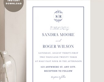 Simple digital wedding invitation, Elegant Wedding invitation digital download, Simple printable wedding invitation,