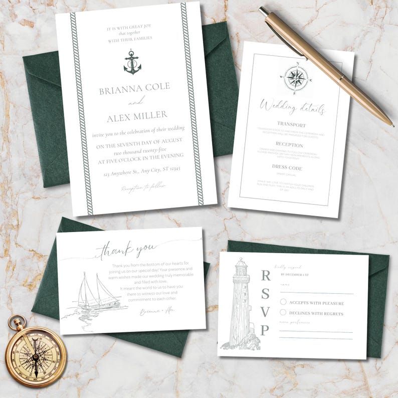 Editable and Printable Wedding Invitation Suite Sage Green Nautical ...