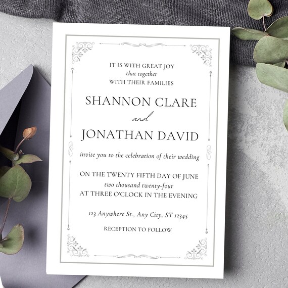 Elegant Border Wedding Invitation Template: Editable Invite Set