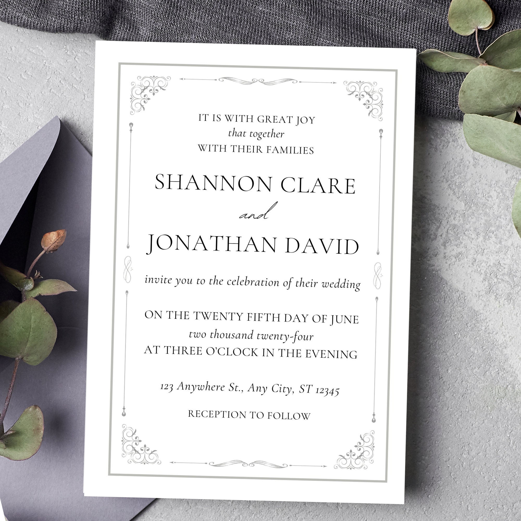 Elegant Border Wedding Invitation Template: Editable Invite Set