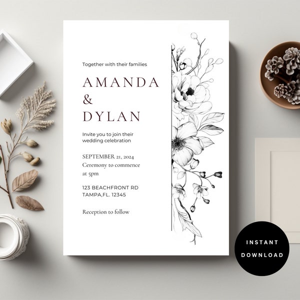 Editable Wedding Invitation with QR Code Simple Black White Invite Template Minimal Invite Suite printable Modern Invite with Details card