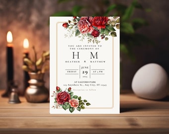 Red roses Wedding invitation template wedding set editable rsvp card invite elegant roses thank you card invitation bundle with red roses.