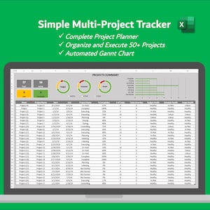 Può includere: Uno schermo di laptop che mostra un foglio di calcolo con un tracker multi-progetto. Il foglio di calcolo include colonne per il nome del progetto, la data di inizio, la data di fine, lo stato del progetto, la % di completamento, il numero di attività, le attività in ritardo, la salute del budget, la salute del programma e la salute dell'ambito. Il foglio di calcolo include anche una sezione di riepilogo con un grafico a torta per il budget, il programma e l'ambito.