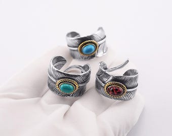 Goro Japanse verenringen set, kleurrijke boho zilveren ringen met turkoois en rode stenen, unieke etnische sieraden voor vrouwen, cadeau-idee