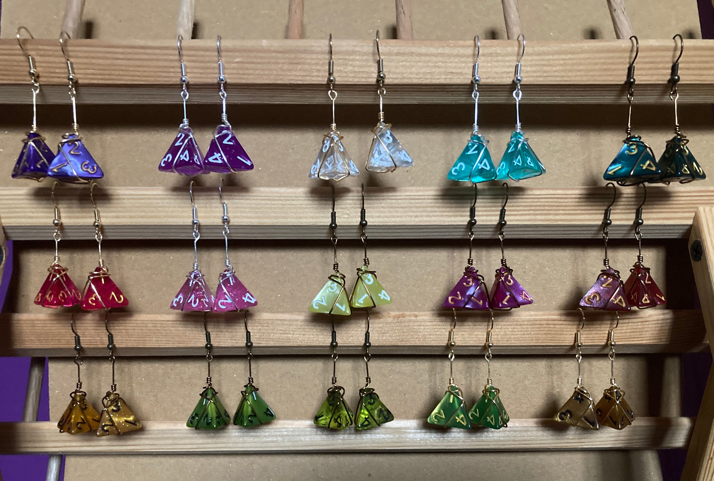 Wire-Wrapped d4 Dice Dangle Earrings