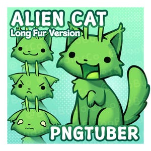 Puede incluir: Ilustración de dibujos animados de un gato alienígena verde con el texto "ALIEN CAT Long Fur Version" y "PNGTUBER". El gato tiene ojos grandes, una boca sonriente y una apariencia esponjosa. También se muestran varias versiones más pequeñas del gato con diferentes expresiones.