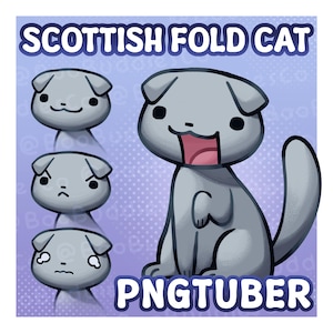 Peut inclure: Illustration numérique d'un chat Scottish Fold gris avec diverses expressions. Le texte « SCOTTISH FOLD CAT » et « PNGTUBER » est affiché en bleu et blanc. Fond violet clair avec des points.