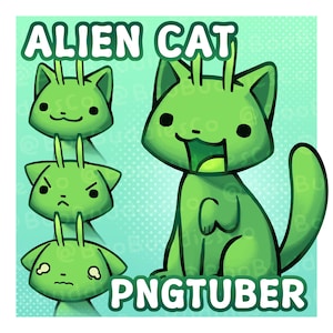 Può includere: Illustrazione di un gatto alieno verde con tre facce di gatto più piccole impilate. Il testo "ALIEN CAT" è sopra il gatto e "PNGTUBER" sotto. Il gatto ha grandi occhi e antenne.