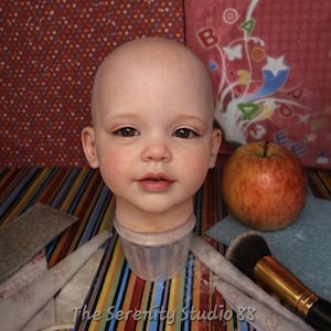 Może przedstawiać: Realistyczna głowa lalki dla dziecka z łysą głową, brązowymi oczami i neutralnym wyrazem twarzy. Jabłko i pędzle do makijażu znajdują się obok głowy lalki. The Serenity Studio 88 jest wydrukowane na dole.