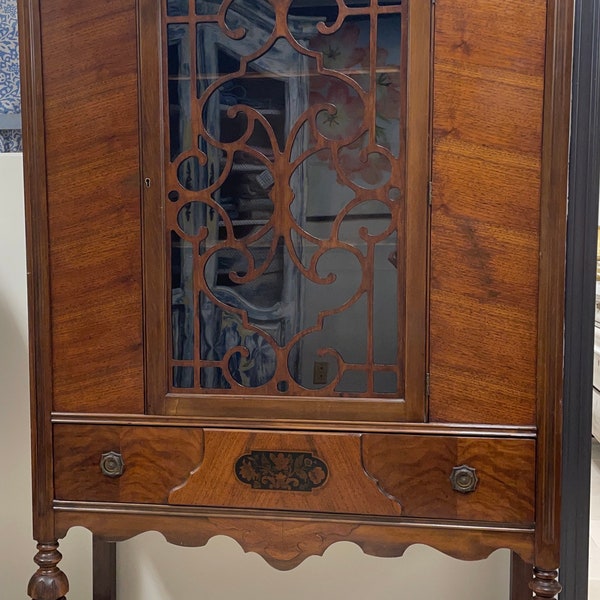 Vintage Solid Walnut Jacobean Style Hutch With Ornate Wood Overlay Hanging Hooks on Shelves & Bottom Drawer on Wheels Restored Refnished