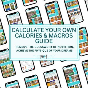 Puede incluir: Varios teléfonos inteligentes muestran una guía digital titulada "CALCULATE YOUR OWN CALORIES & MACROS GUIDE". La guía promete eliminar las conjeturas de la nutrición y ayudar a lograr el físico de tus sueños. Los teléfonos están dispuestos sobre un fondo blanco.