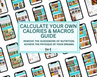 Może przedstawiać: Wiele smartfonów wyświetla cyfrowy przewodnik zatytułowany "CALCULATE YOUR OWN CALORIES & MACROS GUIDE". Przewodnik obiecuje usunięcie domysłów z odżywiania i pomoc w osiągnięciu wymarzonej sylwetki. Telefony są ułożone na białym tle.