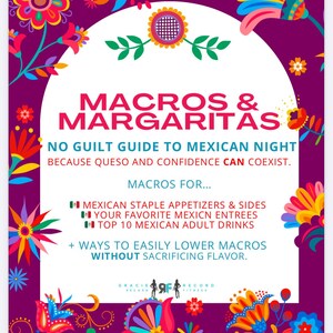 May include: A colorful graphic with a white circle in the center. The text "MACROS & MARGARITAS" is in large, bold, red letters. The text "NO GUILT GUIDE TO MEXICAN NIGHT" is in smaller, black letters. The text "BECAUSE QUESO AND CONFIDENCE CAN COEXIST." is in even smaller, black letters. The text "MACROS FOR..." is in black letters. The text "MEXICAN STAPLE APPETIZERS & SIDES", "YOUR FAVORITE MEXICN ENTREES", and "TOP 10 MEXICAN ADULT DRINKS" is in black letters with a small Mexican flag icon next to each line of text. The text "+ WAYS TO EASILY LOWER MACROS WITHOUT SACRIFICING FLAVOR." is in black letters. The graphic is surrounded by colorful flowers.