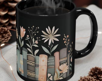 Floral Books Black Mug: Cozy Coffee Cup, Book Lover Gift