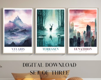 ACOTAR Print Set of 3 Instant Digital Download Acotar Fan Art Printable, Crescent City, Throne of Glass Bookish Wall Art Booktok