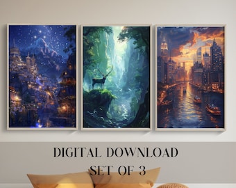 Puede incluir: Conjunto de tres impresiones de arte digital que muestran una escena nocturna con una ciudad y montañas, una escena de bosque con un ciervo y una escena de ciudad con un río al atardecer.