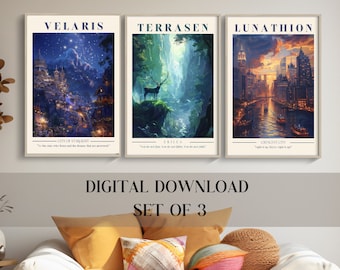 Sarah J Maas Set di 3 stampe ACOTAR Velaris Terrasen Lunathion Crescent City Trono di vetro Download digitale istantaneo Stampa artistica Kit Booknook