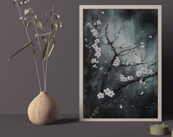 May include: A framed watercolor painting of a white blossom tree with a dark blue and green background. The tree branches are bare except for the white blossoms.