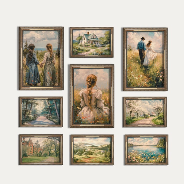 Anne Inspired Gallery Set Art Print Vintage Wall Decor Kindred Spirits Olieverfschilderij Afdrukbare Digitale Download Booknook Cottagecore Decor